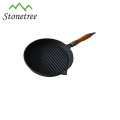 Round Cast Iron Grill Pan with wooden handle